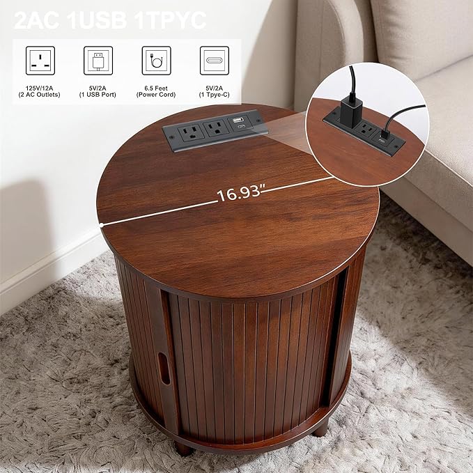DHH End Table Set of 2 with Storage & Charging Station, Fluted Accent Side Table with Sliding Door & Adjustable Shelf, Mid-Century Nightstand for Small Spaces, Living Room, Bedroom(2, Walnut)