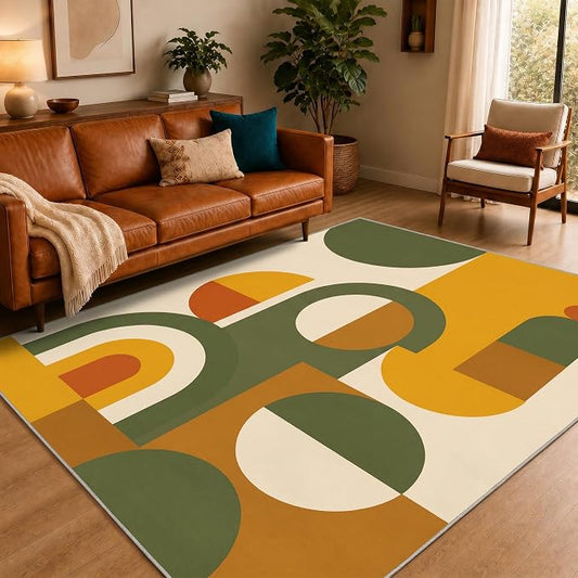 Mid Century Area Rug 7x10, Home Decor | Olive Mustard Bauhaus Circle, Retro Geometric Rug for Living Room, Bedroom, Home Office, Non Slip, Washable, Low Pile