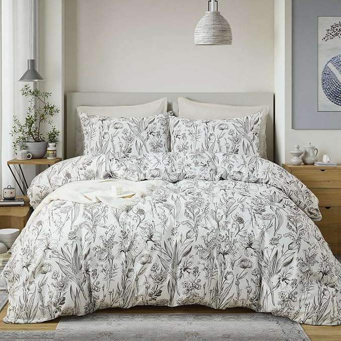 100% Cotton Duvet Cover Queen Size – Vintage Botanical Sketch Elegant Taupe Floral Duvet Cover Set with Zipper Closure, 3-Piece Soft Breathable Natural Premium Cotton Bedding Set