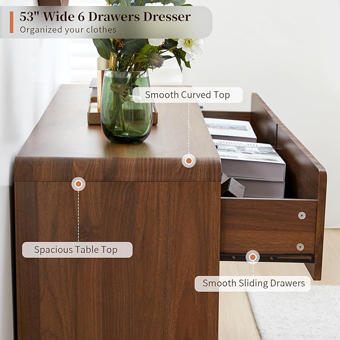 BERRYMERRY Fluted 6 Drawers Dresser for Bedroom, 53" Wide Chest of Drawer with Rounded Edge,Mid Century Modern Large Double Wood Dresser for Living Room Bedroom