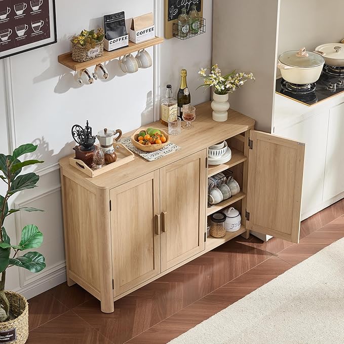 Sideboard Buffet Cabinet with Storage, 46" Arc-Shaped Credenza with 3 Doors & Adjustable Shelves, Mid Century Modern Coffee Bar Cabinet for Kitchen, Living Room, Entryway, Natural