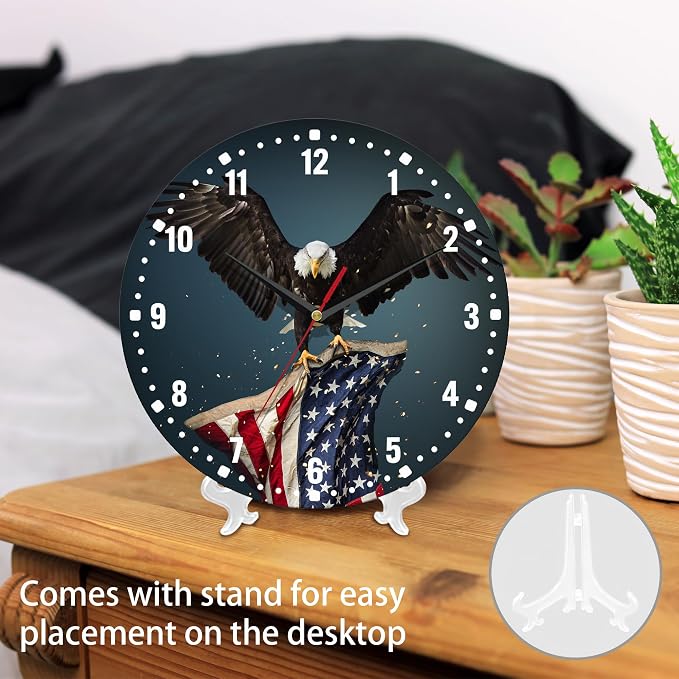 SPUNKER America Flag Eagle Wall Clocks,Patriotic Bald Eagle Wall Clock Battery Operated 10 Inch,Round Clock Silent Non-Ticking Wall Decor for Farmhouse Office Home School Living Room Bedroom