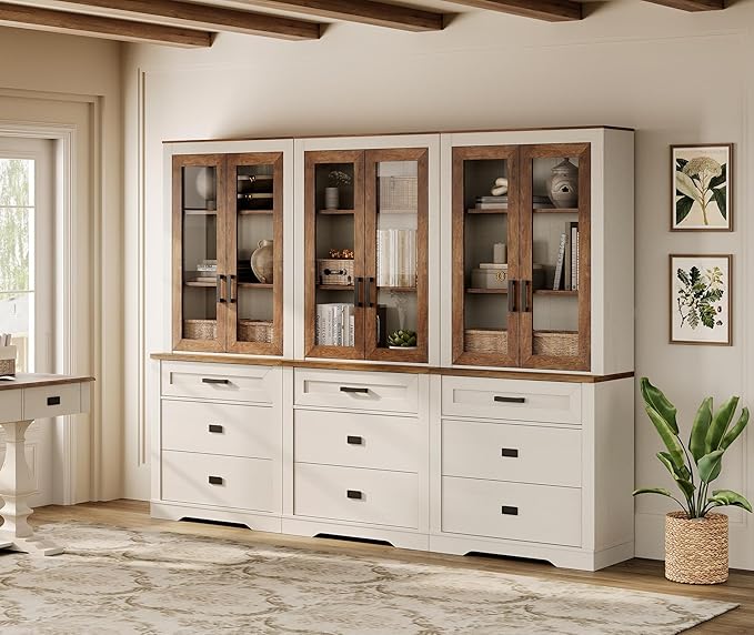 WAMPAT 3 Column 73.3" Tall Bookcase with Glass Door, 94.5" Wide Rustic Wood Bookshelves with Chest of Drawers, Modern Farmhouse Display Cabinet with Adjustable Shelves for Home,Office,White&Oak