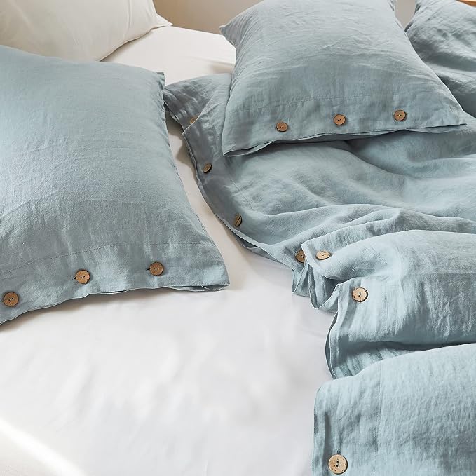 Simple&Opulence 100% Linen Duvet Cover Set 3pcs with Coconut Button Closure Natural French Washed Flax Solid Color Soft Breathable Farmhouse Bedding - Dusty Blue, King Size