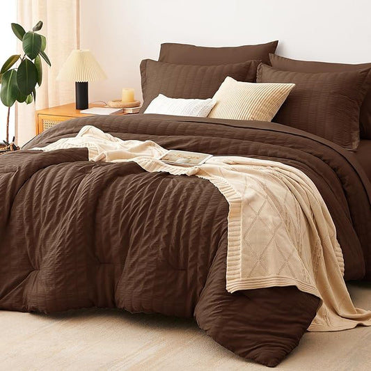 CozyLux Full Size Comforter Sets Brown, 7 Pieces Seersucker Textured Luxury Bed in a Bag, All Seasons Soft Bedding Sets with Down Alternative Comforter, Sheets, Pillowcases & Shams, Home Gift