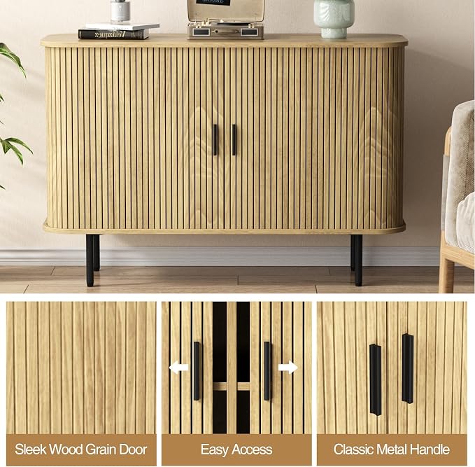 Vabches 47''W x 32''H Storage Cabinet, Fluted Sideboard Buffet Accent Cabinet with Storage, Console Table Credenza with Tambour Slatted Sliding Doors and Shelves for Living Room, Kitchen, Natural