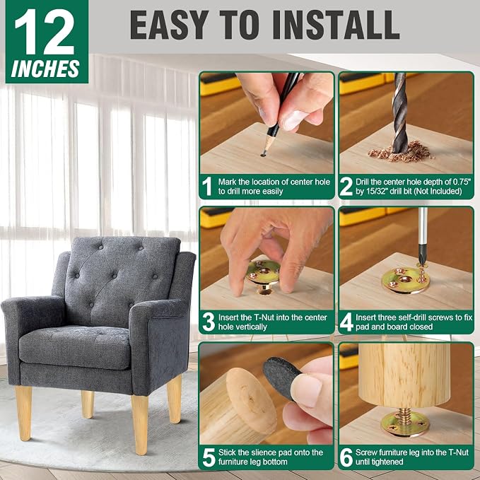 FoDau770 Rubber Wood Furniture Legs 12 Inches, 5/16" UNC Straight Tapered Wood Feet Mid Century Sofa Legs, Wooden Furniture Feet Replacement Parts for Cabinet Couch Dresser Chair Ottoman Table
