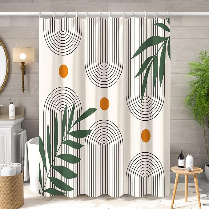 Boho Mid Century Shower Curtain Abstract Arch Geometric Sun Curve Rainbow Tropical Leaves Minimalist Shower Curtain Aesthetic Beige Bathroom Decor Fabric Curtains Set 48x72 inch