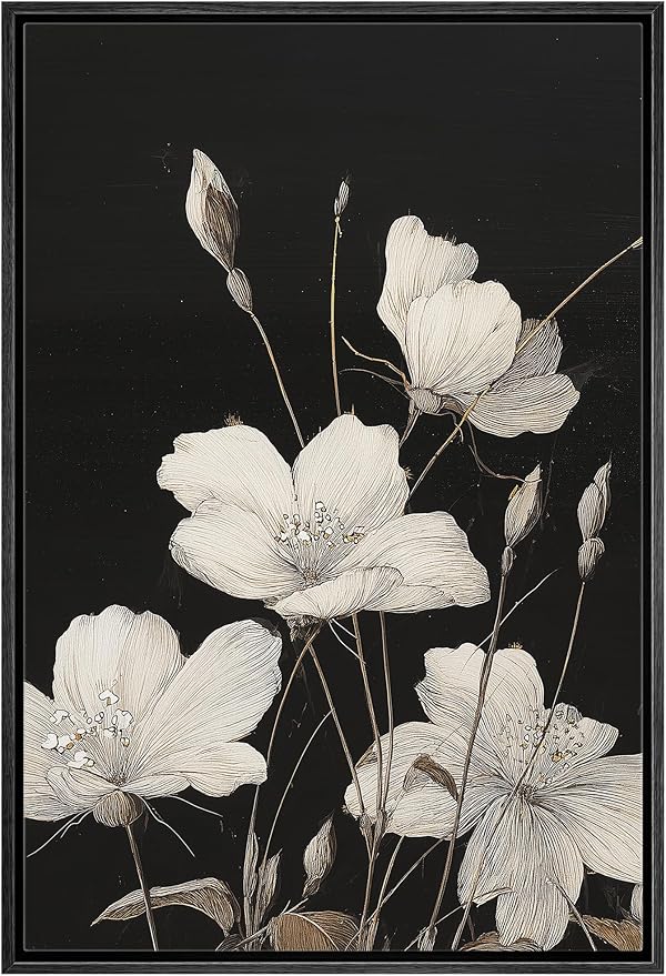 Woodrose Framed Canvas Print Wall Art Delicate White Flowers Elegant Botanical Line Illustrations Modern Art Minimalist 3D Colorful Ultra for Living Room, Bedroom, Office - 16"x24" BLACK