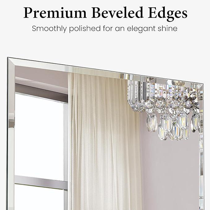 24 x 36 Inch Large Rectangular Bathroom Mirror, Frameless Beveled Vanity Mirror for Over Sink, Solid-Backed 2-Way Wall Mirror for Master Bath