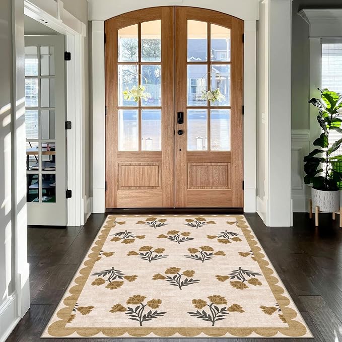 4x6 Covered Outdoor Patio Rug - Beige Washable Front Porch Entry Rug Non-Slip Door Mat Indoor Outside Entrance Floral Scalloped Area Rugs for Living Room Entryway Foyer Backyard Porch Decor