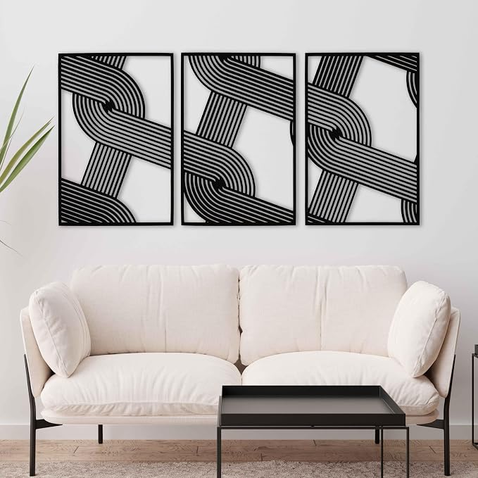 Minimalist Woven Wooden Wall Decor Set of 3, Abstract Large Overlapping Geometric Stripe Wood Wall Art, Mid-Century Modern Home Gift for Living Room and Bedroom