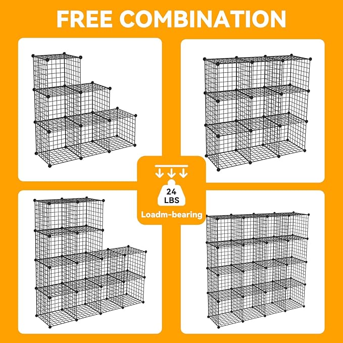 HUBSON Wire Cube Storage Organizer, Book/Toy/Craft/Potted Plants and petCloset Organizers and Storage Shelves, 6-Cube Freely Combinable Metal Grids Storage Shelf,Black Iron