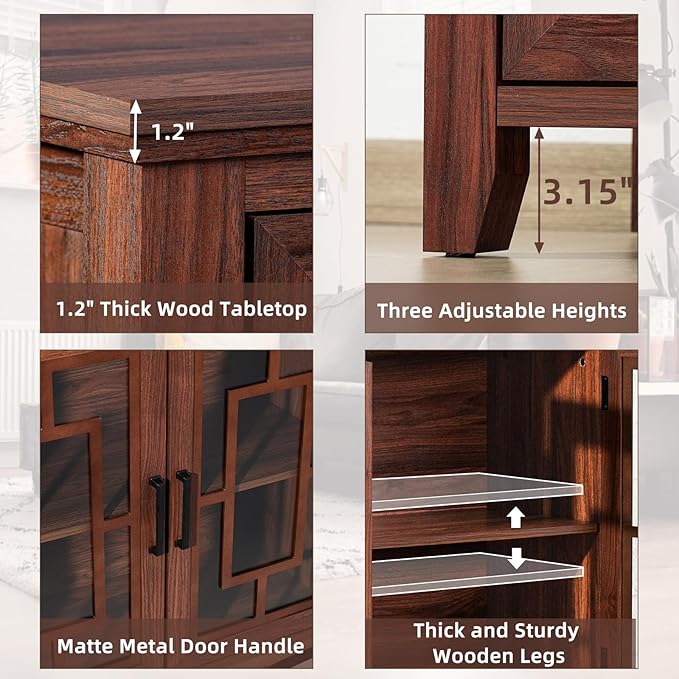 Large Sideboard Buffet Cabinet with Storage, 55" Farmhouse Kitchen Coffee Wine Bar Cabinet with 3 Glass Doors, Wood Mid Century Modern Side Board Table for Dining Room, Living Room,Brown