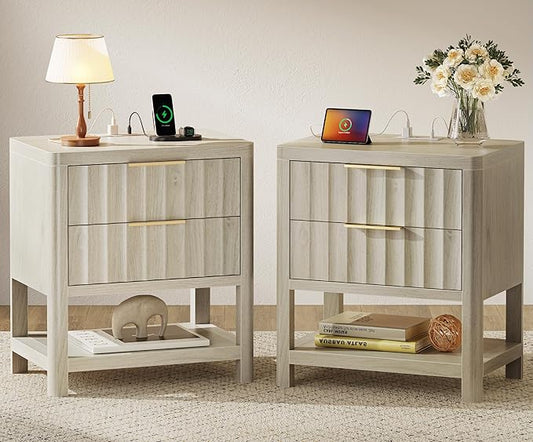 Huuger 27.6 Inch Tall Night Stands with Charger Station, USB-C Port, Fluted Nightstand Set of 2, Larger Wider Bed Side Table with 2 Deep Drawers, Open Shelf, Bedroom Living Room End Table, Grey