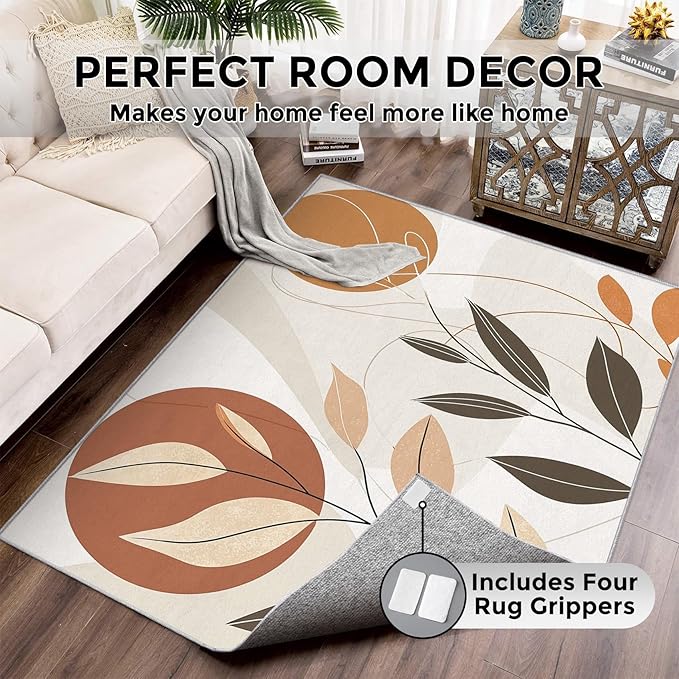 5x6 Abstract Leaves Rugs for Bedroom Decor, Washable Mid Century Modern Pattern Area Rug, Living Room Home Decoration, Non Slip Soft Thin, Modern Botanical Decor Carpet PF-P 117