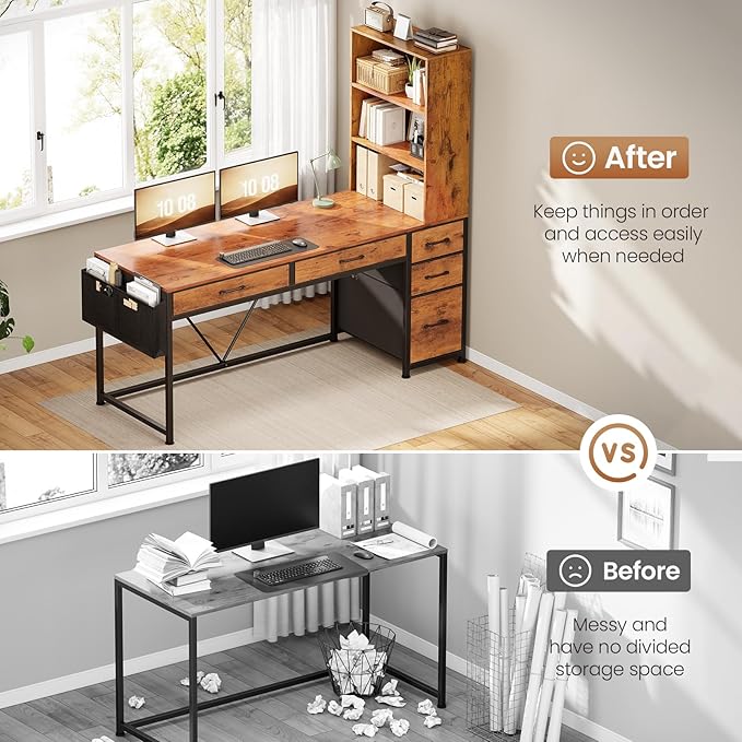 SEDETA Computer Desk with 5 Drawers and Bookshelf, Reversible Home Office Desk with Storage Shelves and File Drawer, Gaming Corner Desk with LED Lights for Small Spaces, Rustic Brown