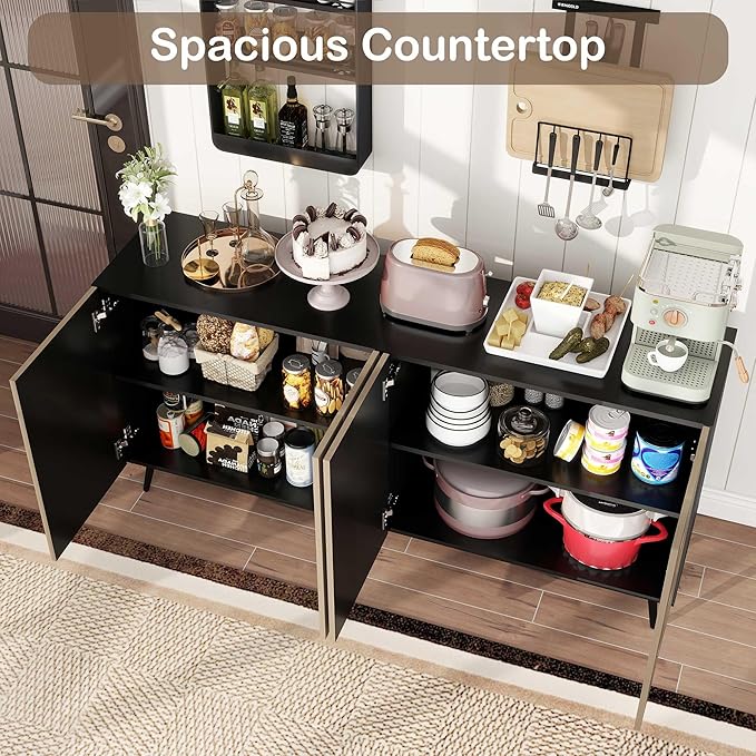 Sideboard Buffet Cabinet with Storage: 63" Large Accent Fluted Oak and Black Buffet Cabinet with 4 Doors, Mid Century Modern Credenzas for Living Room (Oak and Black)
