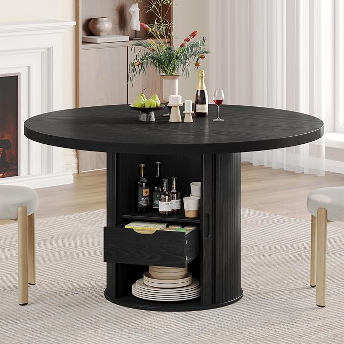 Round Dining Table for 4-6 Seats, 47" Circle Kitchen Table with Storage Drawer, Modern Mid-Century Pedestal Dinner Tables, Fluted Wood Base, Space Saving Dining Room Furniture for Family Party, Black