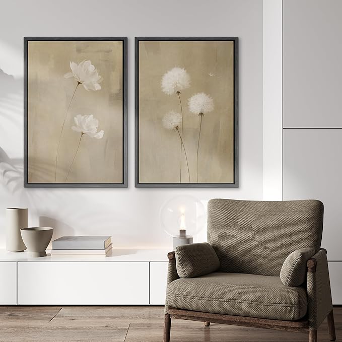 IDEA4WALL Framed Canvas Print Wall Art Set Neutral Floral with White Flowers and Dandelions Illustrations Modern Art Decorative Bohemian Calm/Zen for Living Room, Bedroom, Office - 24"x36"x2 Black
