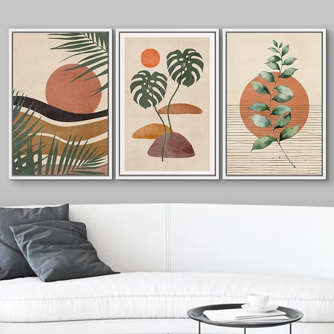 wall26 Framed Canvas Print Wall Art Set Boho Mid-Century Tropical Plant Collage Abstract Shapes Digital Art Modern Art Decorative Minimal Relax/Zen for Living Room, Bedroom, Office - 24"x36"x3 White