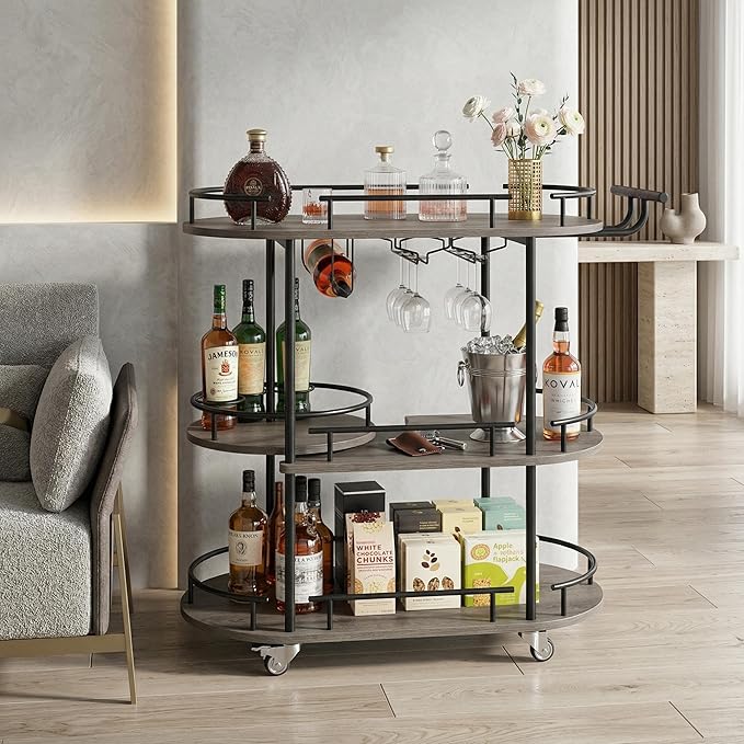 Takywep Bar Cart with Wine Rack and Glass Holder, 4-Tier Modern Serving Cart on Wheels, Mobile Liquor Cabinet & Coffee Station for Home Kitchen, Dining Room, Marble Wood/Gold