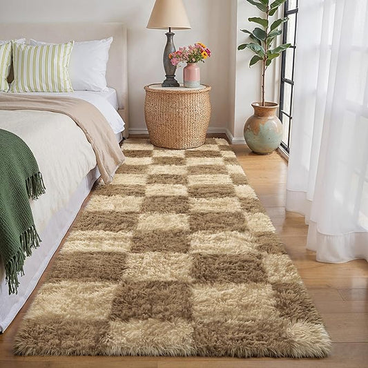 Checkered Area Rug 2x6 for Bedroom, Brown Modern Shag Rug Super Soft Runner Carpet Washable Fluffy Rugs for Living Room Bedside Sofa Home Dorm Decor Aesthetic