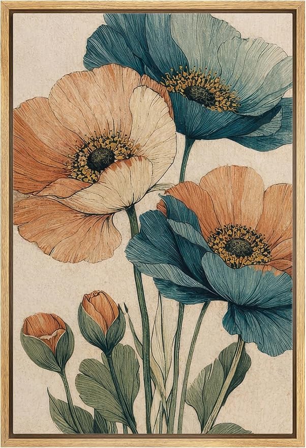 Woodrose Framed Canvas Print Wall Art Vintage Poppy Flowers Botanical Illustrations Modern Art Minimalist 3D Colorful Ultra for Living Room, Bedroom, Office - 16"x24" NATURAL