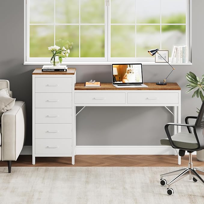 Computer Desk with Reversible Drawer, 55 inch Home Office Desks with 7 Drawers, Modern Compact Study Writing Table Workstation with Storage for Small Spaces, Light Brown and White