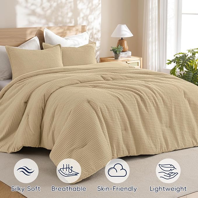 PHF Soft Waffle Comforter Set Queen Size- Comfy Breathable Waffle Weave Comforter with 2 Pillow Shams, 3 Pieces Less Snagging Lightweight Textured Bedding Set for All Season, Light Khaki