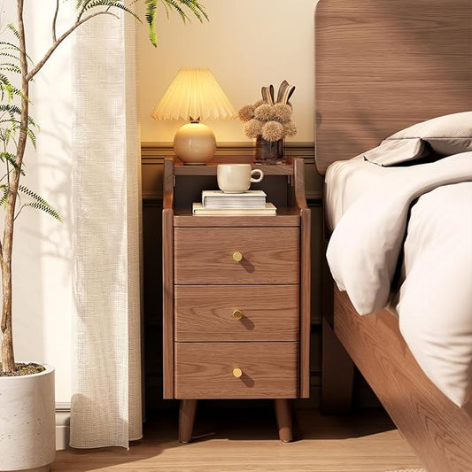 Solid Wood Narrow Nightstand with Drawers,Walnut Nightstand Wood Bedside Table Modern for Bedroom,Study,Toilet