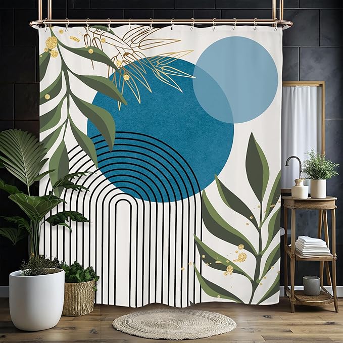 Miyotaa Teal Blue Abstract Shower Curtain Set 60Wx71H Inches Minimalist Aesthetic Modern Contemporary Geometric Plant Leaves Polyester Waterproof Bathroom Curtain with 12 Hooks