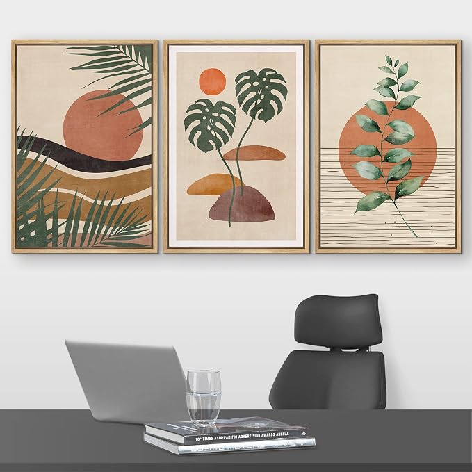 wall26 Framed Canvas Print Wall Art Set Boho Mid-Century Tropical Plant Collage Abstract Shapes Digital Art Modern Art Decorative Minimal for Living Room, Bedroom, Office - 24"x36"x3 Natural