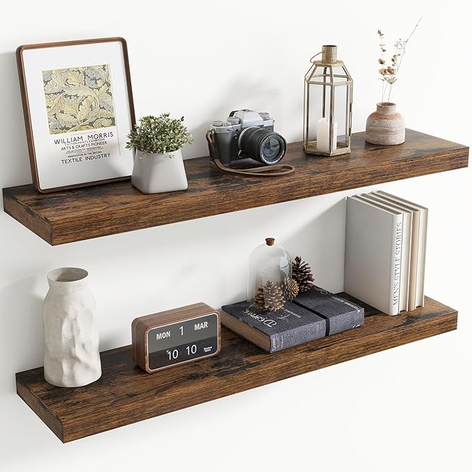 40 Inch Floating Shelves for Wall, 8 Inch Deep Floating Shelf for Storage & Display, Wall Mounted Shelf with Invisible Brackets for Living Room, Kitchen, Bathroom, Home Decor, Set of 2, Rustic Brown
