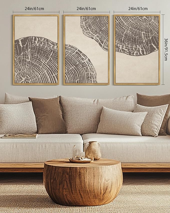 KUVIOKE Framed Tree Rings Wood Wall Art Modern Retro Beige Wood Stump Wall Decor Nature Rustic Art Print for Farmhouse Living Room Bedroom 24x36in (Natural Framed)
