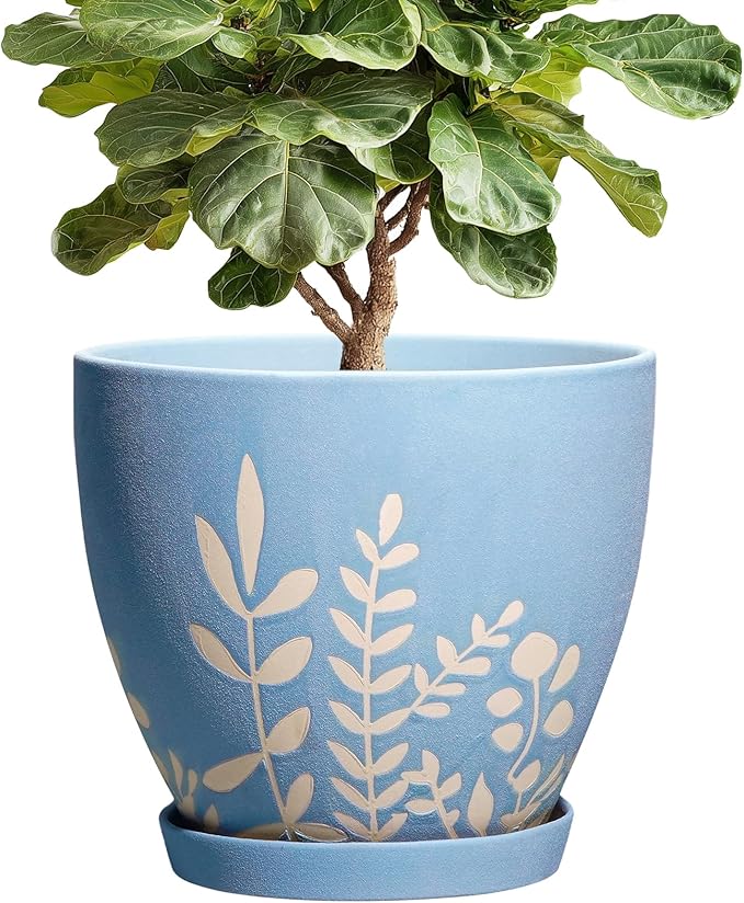 10 Inch Large Ceramic Plant Pot with Saucer - Round Planter with Drainage for Indoor Outdoor Plants, Boho Flower Pot, Home Office Room Garden Decor, Housewarming Gift, Blue