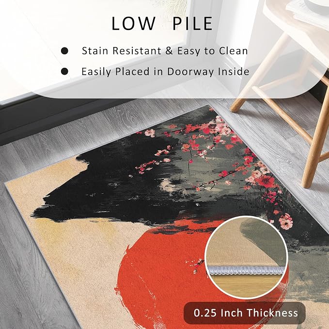 Japanese Runner Rug 4x8, Red Sun Cherry Blossom Mountain Landscape Design, Traditional Asian Art Area Rug, Washable Non-Slip Floor Carpet Runner for Bedroom, Dining Room, Living Room Aisle