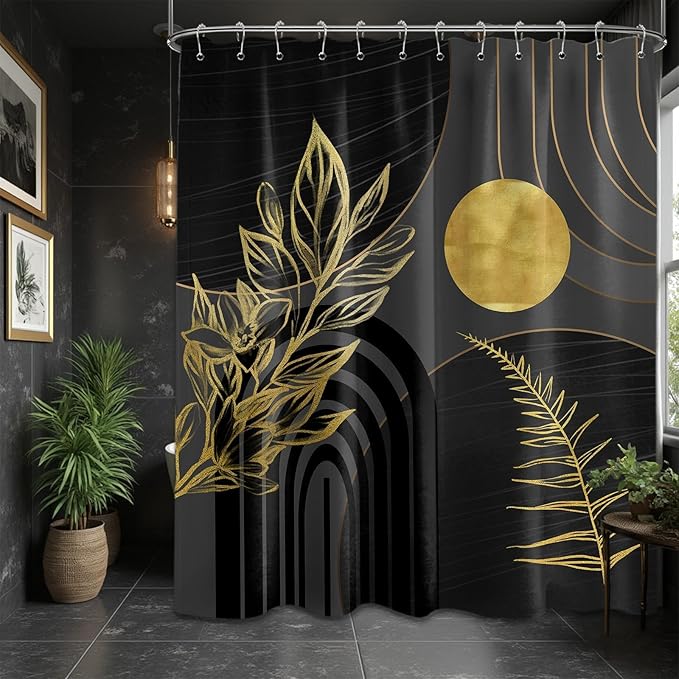 Black and Gold Shower Curtain Boho Mid Century Black and Dark Grey and Gold Shower Curtains for Bathroom Decor, Waterproof Cloth Fabric with Hooks, 70" W x 72" L