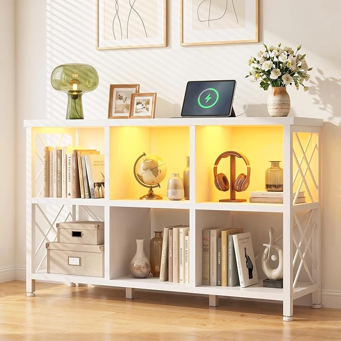 DurayLoly 6 Cube Storage Organizer with LED Light and Charging Station, Wood and Metal Cube Shelf as White Horizontal Book Shelf for Bedroom Home Office