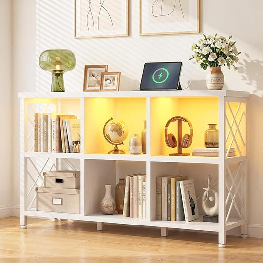 DurayLoly 6 Cube Storage Organizer with LED Light and Charging Station, Wood and Metal Cube Shelf as White Horizontal Book Shelf for Bedroom Home Office