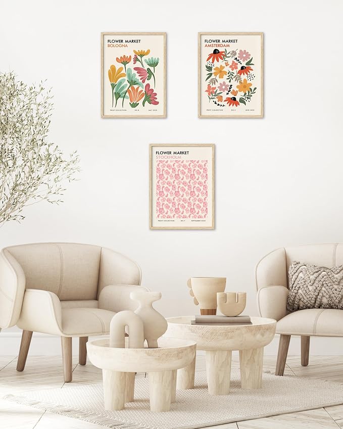 HesenDot Unframed Floral Wall Art Set of 3,12x16in Flower Market Canvas Prints, Minimalist Amsterdam Stockholm Bologna Posters for Living Room Bedroom Office Home, Unframed
