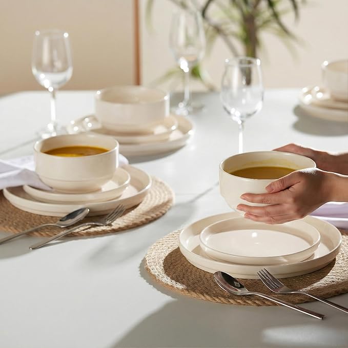 Vase and Vessel Ceramic Dinnerware Set, 12-Piece Service for 4, Soup Bowls (25 oz), Salad Plates (7.5"), Dinner Plates (10"), Round, Microwave and Dishwasher Safe, Ivory, Cambridge Classics