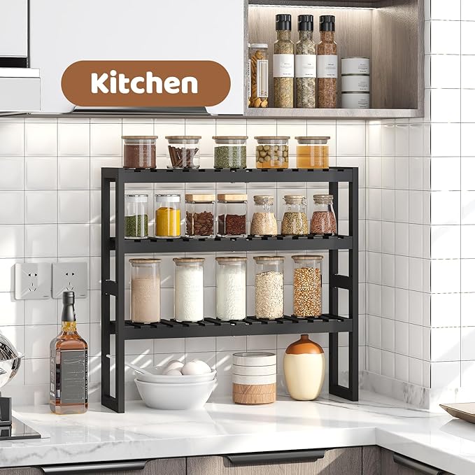 Bathroom Shelf Bamboo Organizer Rack Adjustable 3-Tier Storage Shelf Wall Mounted Storage Rack Over The Toilet Utility Shelves Living Room Kitchen Shelf(Black)