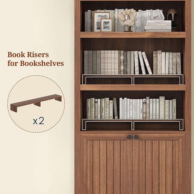 81" Tall Arched Cabinets,Bookcase with storage,Mid-Century Modern 6-Tier Bookshelf with Door,2 Book Risers and Adjustable Shelves offering more storage space for Living Room,Kitchen,Home Office,Brown