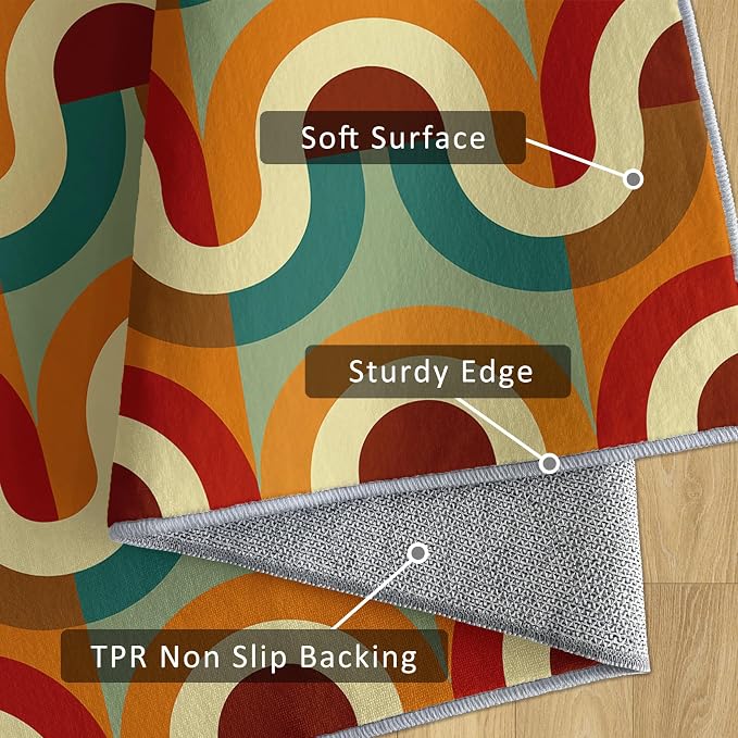 70s Retro Rug 7x9 Checkboard Striped Groovy Pop Pattern Area Rugs for Living Room, Bedroom, 70s Retro Home Decor Accessories Indoor Carpet, Non Slip & Machine Washable, GD0360