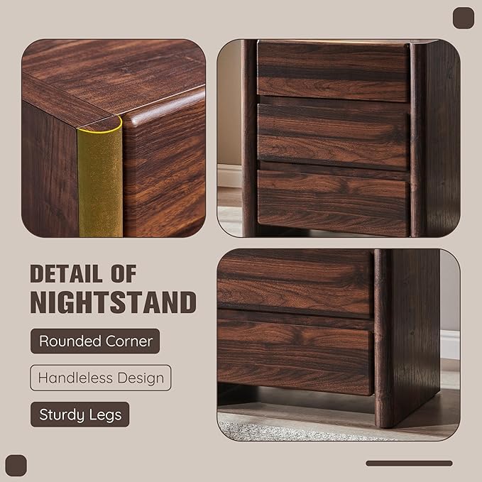 25" Tall Modern Nightstand with Charging Station, 23.6" W Nightstand with 3 Storage Drawers & Open Shelf, Wood Night Stand w/Rounded Corner Design for Bedroom, Living Room (Brown)
