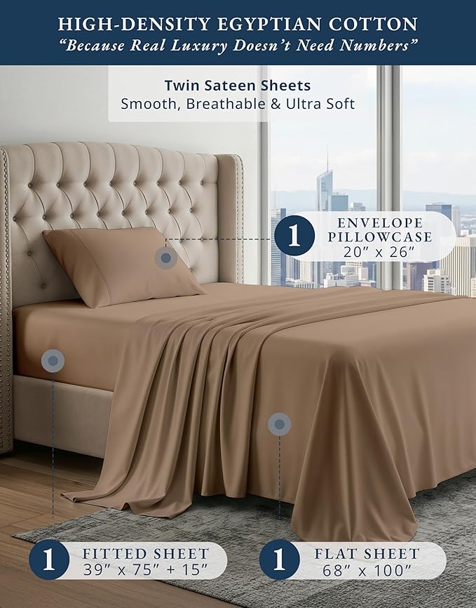 LANE LINEN 100% Egyptian Cotton Sheets Twin Size Bed Set – Machine Washable, Naturally Temperature Regulating, Sustainable, No Pill, Fade Resistant Twin Bedding Set – Taupe
