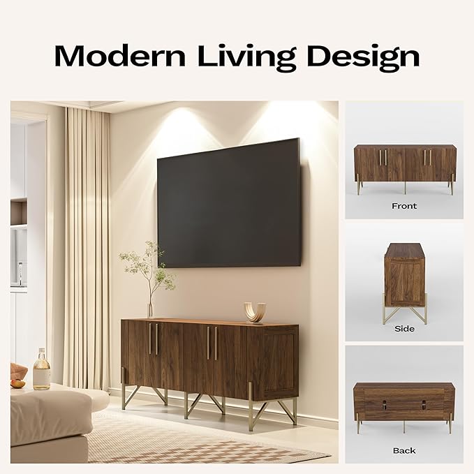 roomfitters Walnut Mid Century Modern TV Stand for TVs up to 65", Sideboard Buffet Cabinet for Living Room, Walnut Entertainment Center with Doors, Credenza Media Console with Storage, Gold Legs…