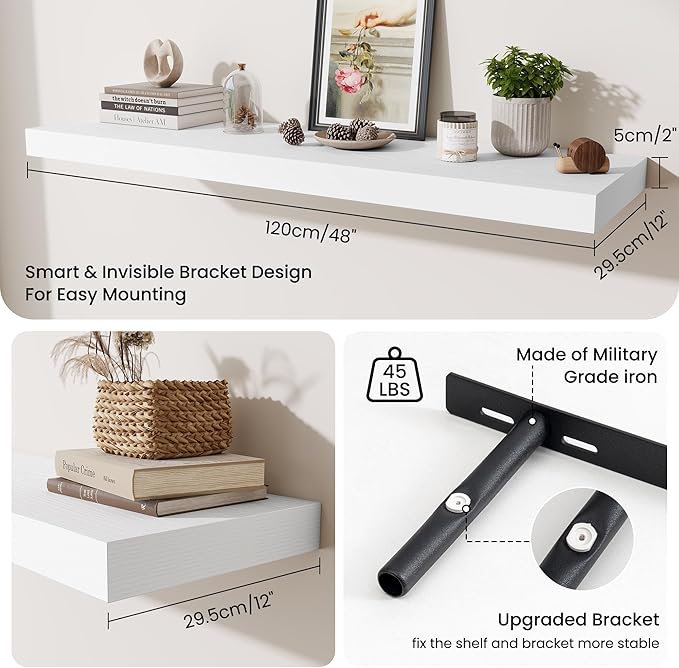 Fun Memories 48 Inch Floating Shelves for Wall - 12 Inch Deep Fireplace Mantel Shelf - Wood Floating Shelf for Wall - Large Storage Shelves Wall Mount for Living Room & Bedroom - White - Set of 2