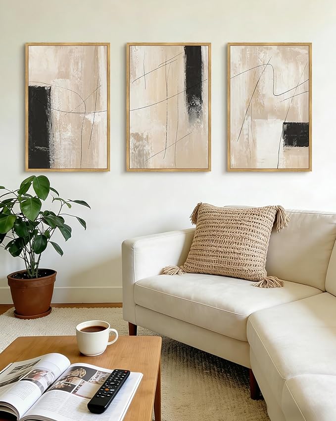 KUVIOKE Abstract Framed Wall Art Minimalist Beige Pastel Watercolor Neutral Wall Decor Modern Black Line Art Painting Home Decor 24x36in (Natural Framed)